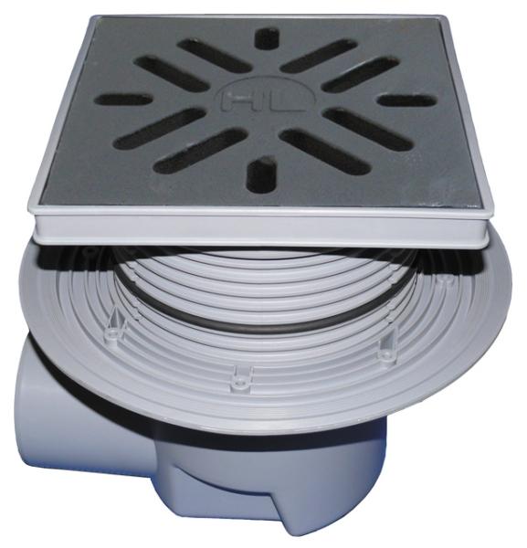 Perfektablauf DN110 waagrecht mit Dichtflansch und frostsicherer Geruchsklappe, 260x260mm / Gussrost 226x226mm HL615.1